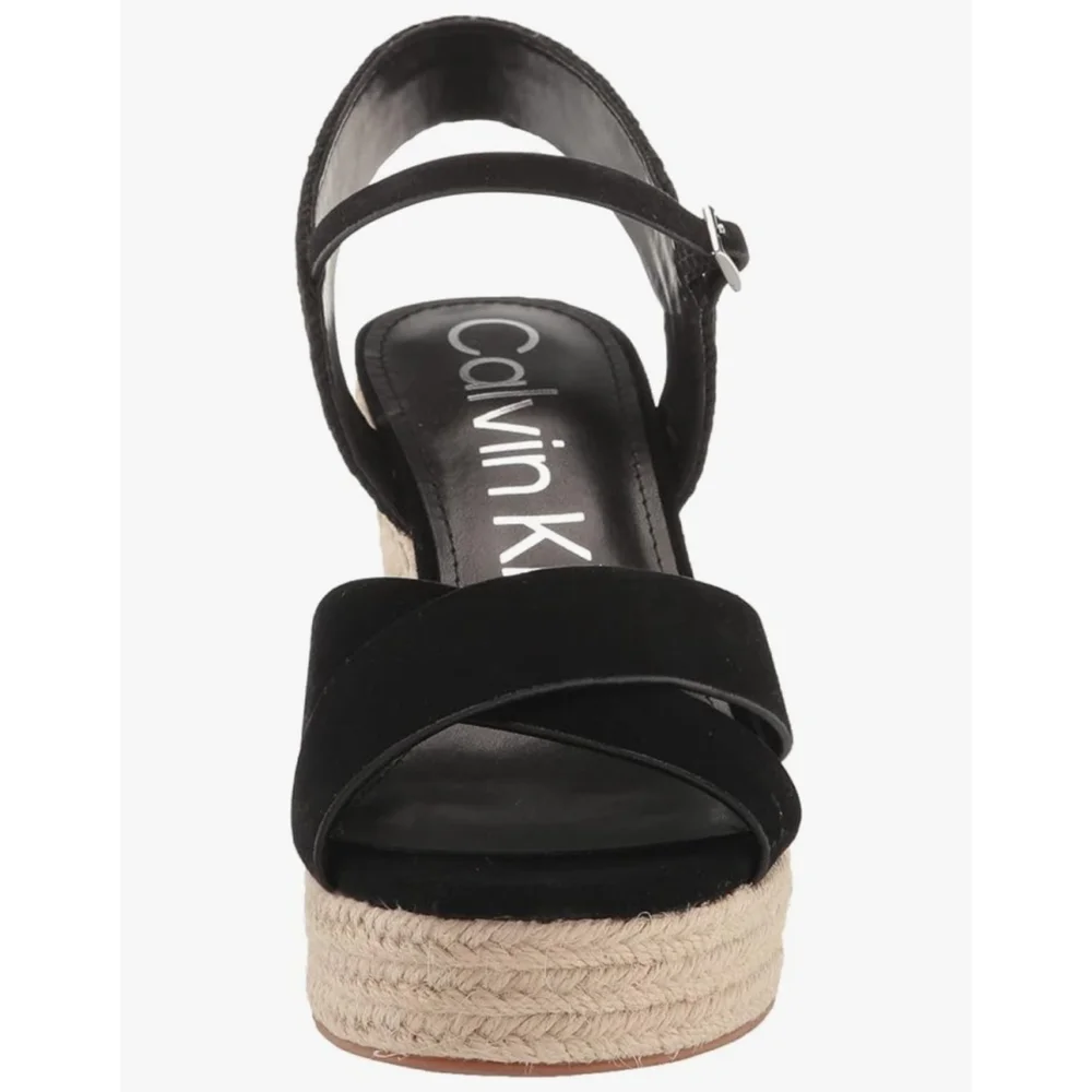 CALVIN KLEIN ELORY Suede LEATHER Cross Strap Espadrille Wedge Sandal 9.5 M BLACK